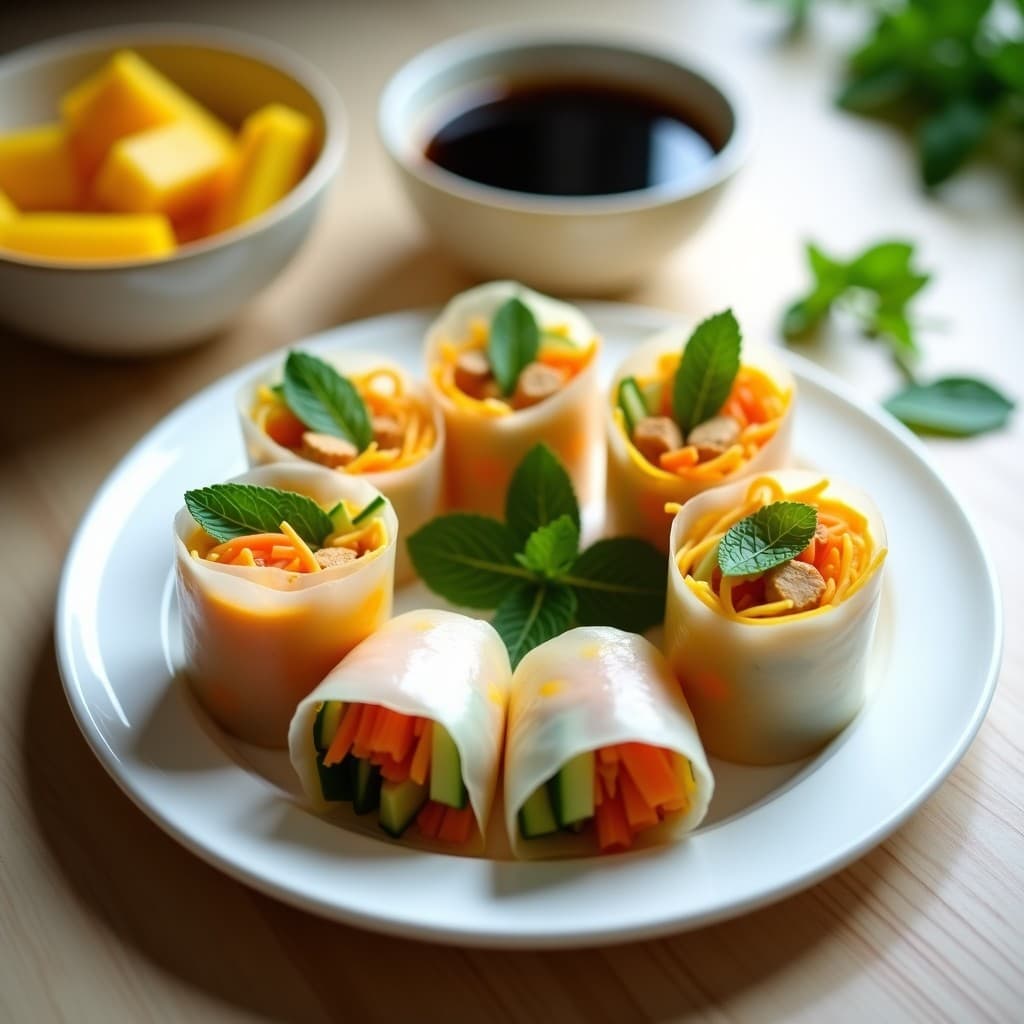 Rollitos de Papel de Arroz con Tofu Ahumado y Mango: Receta Vegana Vietnamita Fresca