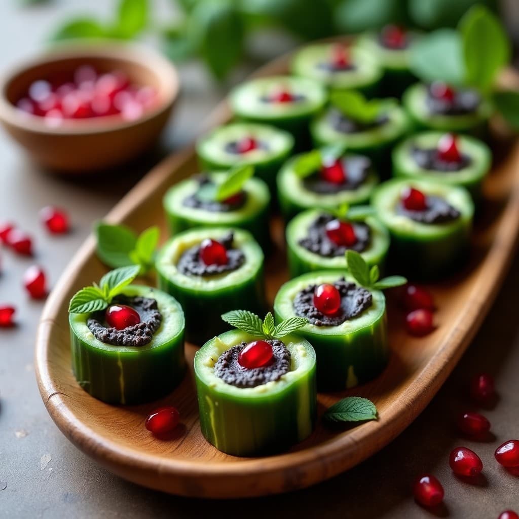 Rollitos de Pepino Rellenos de Hummus de Garbanzos Negros y Granado: Entrante Iraní Fresco