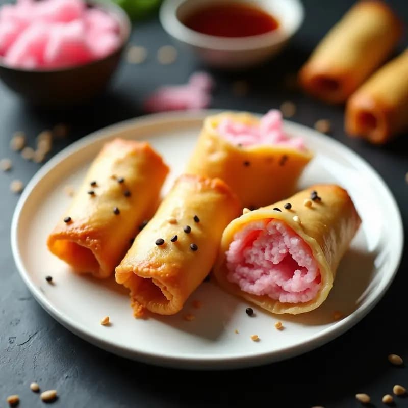 Rollitos de Primavera de Algodón de Azúcar con Relleno de Pollo Teriyaki: Snack Japonés Dulce-Salado