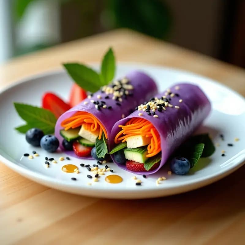 Rollitos de Primavera con Papel de Arroz Morado y Relleno de Tofu y Frutos Rojos: Aperitivo Thai Innovador