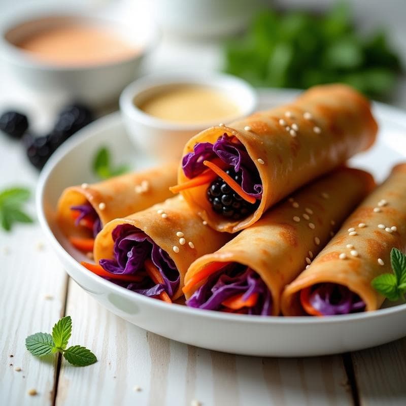 Rollitos de Primavera de Col Morada y Zarzamoras con Salsa de Sésamo: Receta Vegana Crujiente