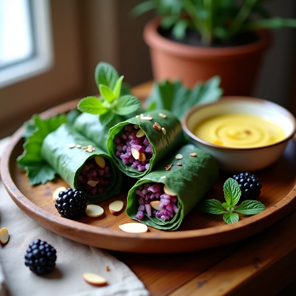 Rollitos de Primavera de Col Rizada con Zarzamoras y Salsa de Mostaza: Entrante Francés Vegano