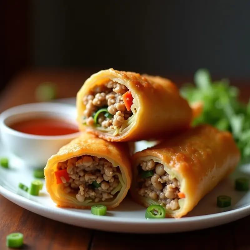 Rollitos de Primavera Fritos Rellenos de Carne, Verduras y Fideos: Crujientes y Sabrosos