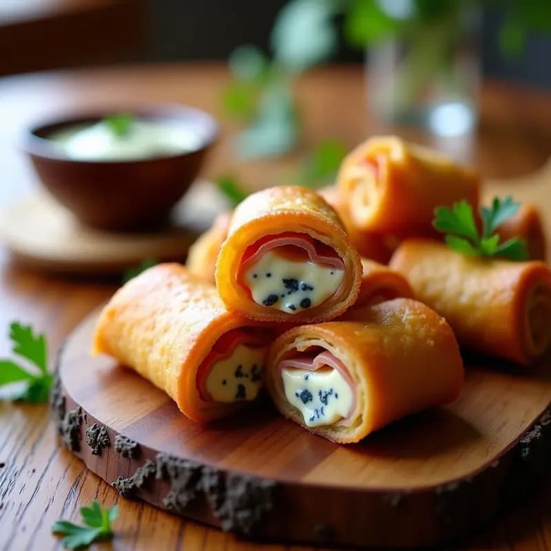 Rollitos de Primavera Fritos con Relleno de Queso, Jamón y Salsa de Queso Azul: Aperitivo Crujiente y Adictivo