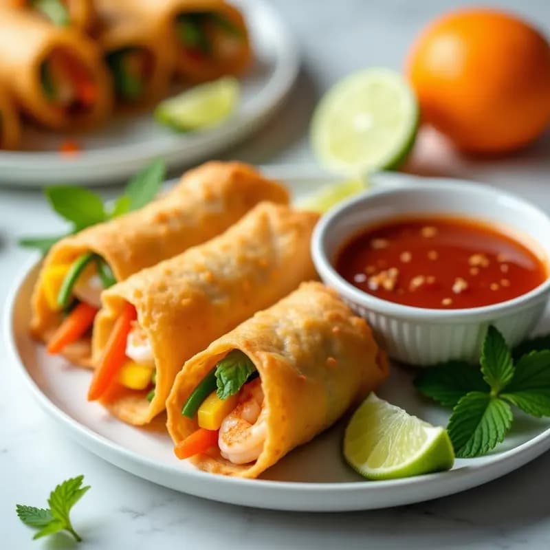 Rollitos de Primavera de Langostinos y Mango con Salsa de Chile de Árbol