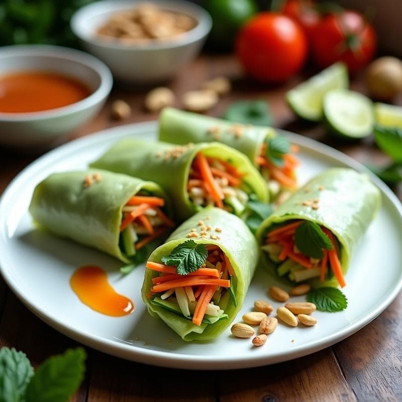 Rollitos de Primavera con Papaya Verde y Cacahuates: Entrante Vegano Tailandés con Salsa de Tamarindo