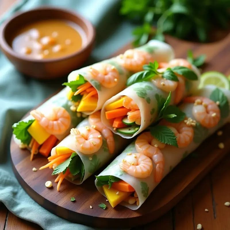 Rollitos de Primavera de Papel de Arroz con Langostinos Ahumados y Mango: Receta Fusion Vietnamita-Española