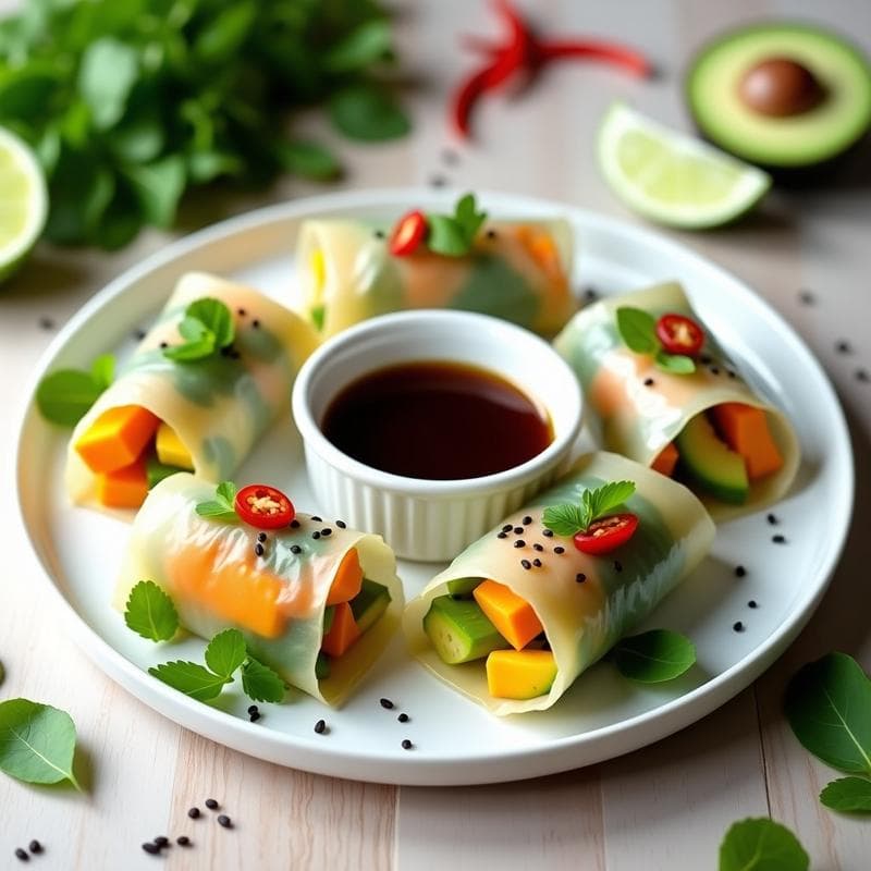 Rollitos de Primavera con Papel de Arroz y Relleno de Mango y Aguacate: Entrante Vietnamita Crudivegano