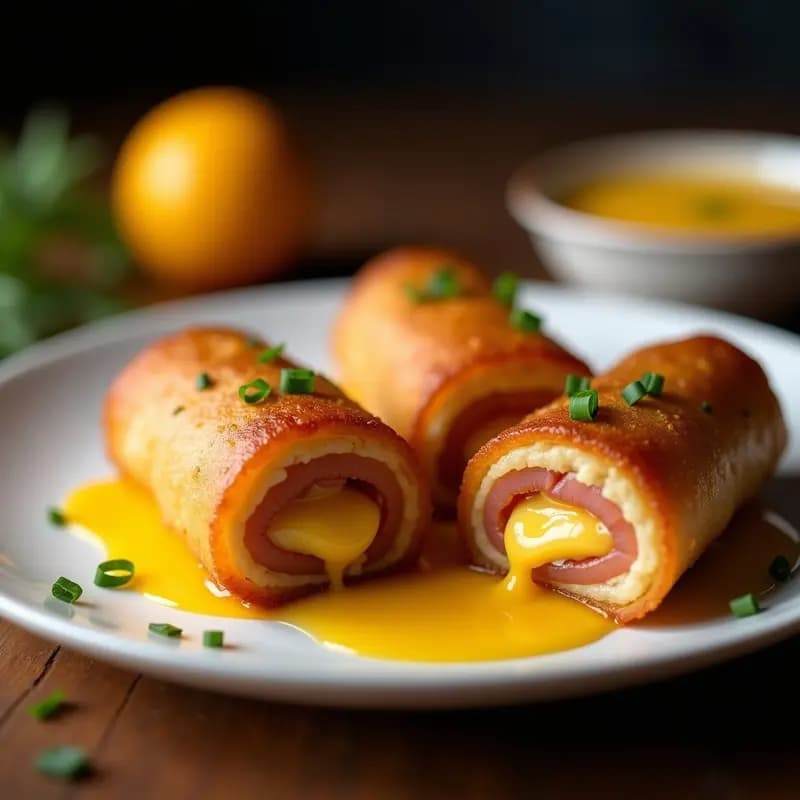 Rollitos de Primavera Fritos Rellenos de Queso Crema, Jamón Serrano y Mango en Salsa Agridulce