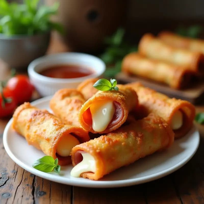 Rollitos de Prima Vera Empanizados con Queso Mozzarella y Jamón York: Aperitivo Crujiente y Explosivo
