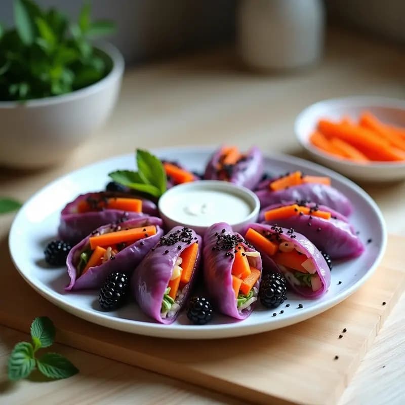 Rollitos de Primavera Veganizados con Repollo Morado y Zarzamoras: Receta Fusion Sin Fritura