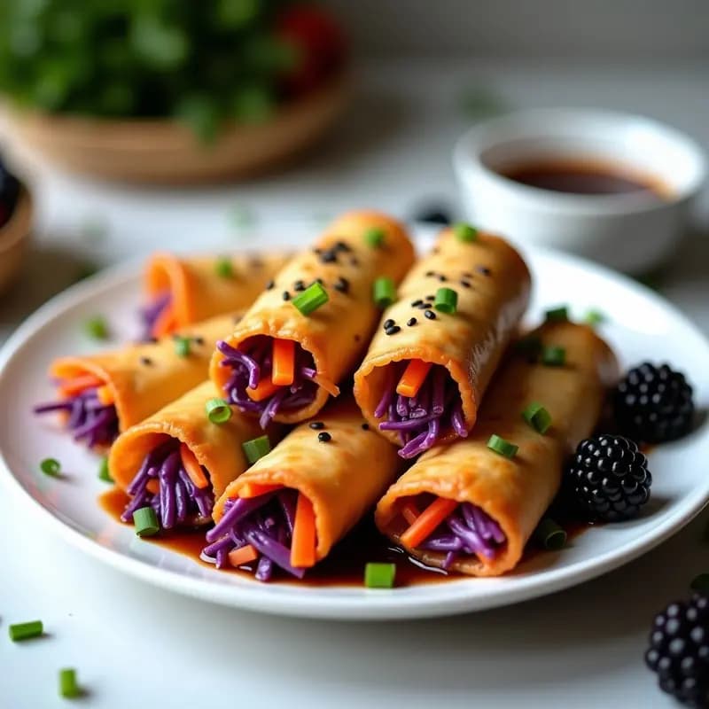 Rollitos de Primavera Veganiz ανέμου con Zarzamoras y Salsa de Tamari: Entrante Chino Crujiente