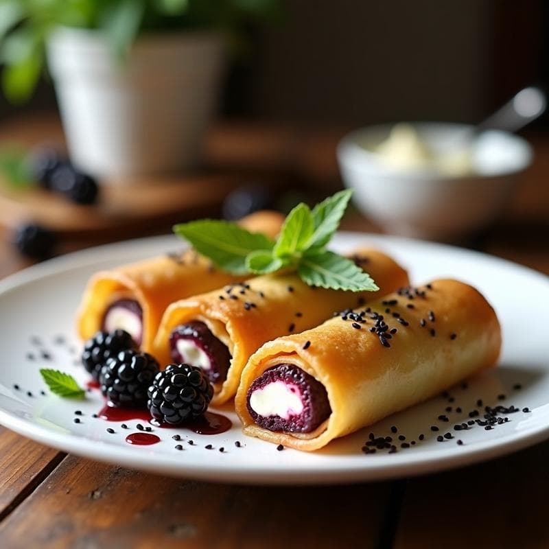 Rollitos de Primavera Crujientes con Relleno de Zarzamoras y Queso Crema: Postre Vegano Frito
