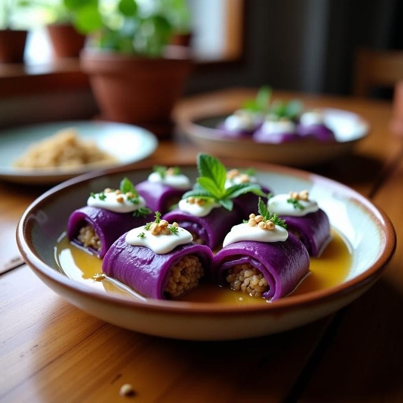 Rollitos de Repollo Morado Rellenos de Cordero y Arroz Basmati con Salsa de Yogur y Menta: Receta Iraní en Olla Rápida