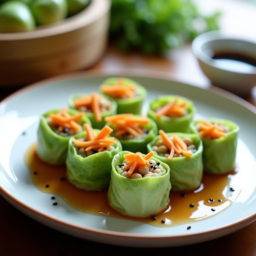 Rollitos de Repollo China con Relleno de Garbanzos y Zanahoria: Receta Coreana Vegana al Vapor