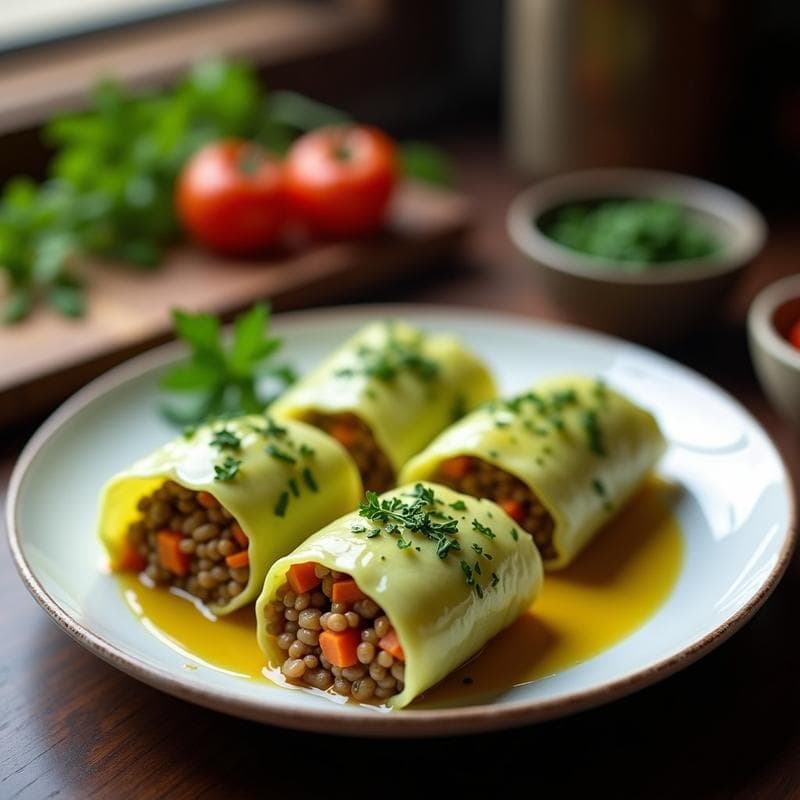 Rollitos de Repollo Rellenos de Lentejas y Zanahoria: Receta Vegana en Olla Express con Toque Europeado
