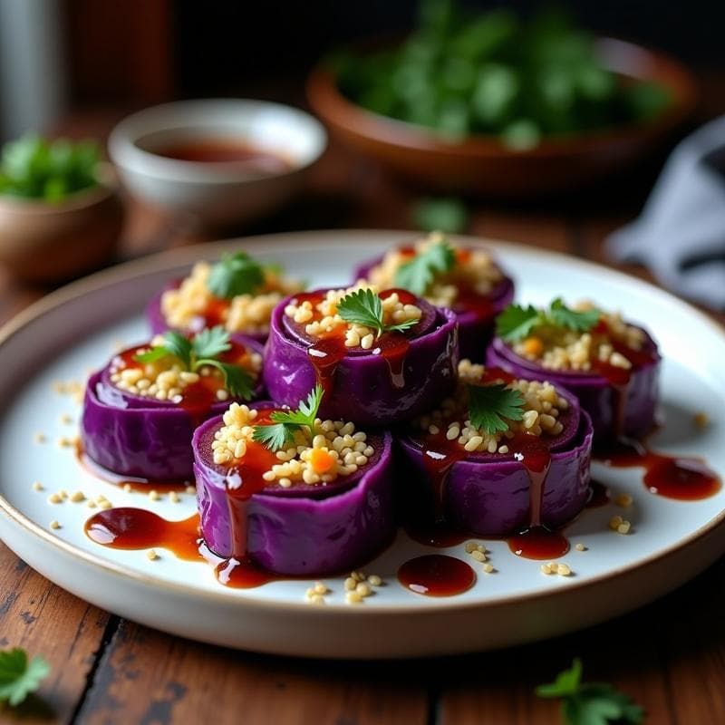 Rollitos de Repollo Morado con Arroz Salvaje: Receta China en Wok con Salsa de Tamari