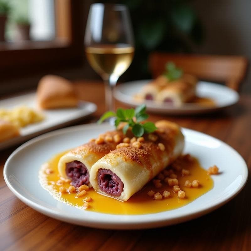 Rollitos de Repollo Morado y Carnes Frías con Salsa de Mostaza y Miel: Entrante Rápido