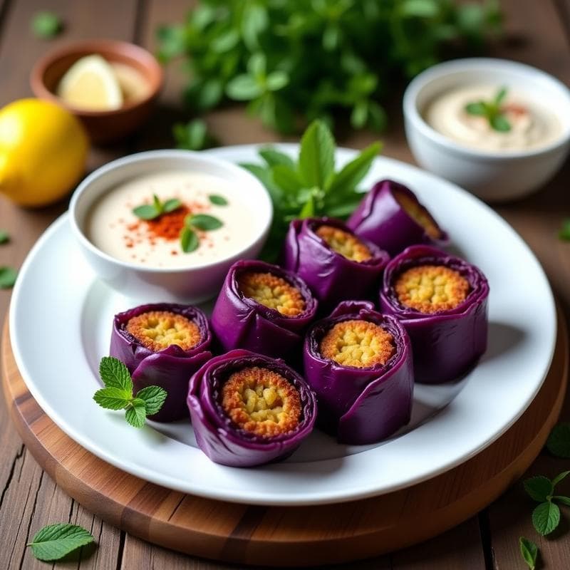 Rollitos de Repollo Morado y Falafel: Receta en Airfryer con Salsa de Yogur de Soja
