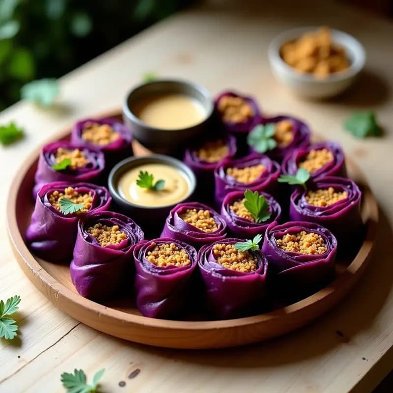 Rollitos de Repollo Morado Rellenos de Falafel y Tahini: Receta Libanesa Crudivegana