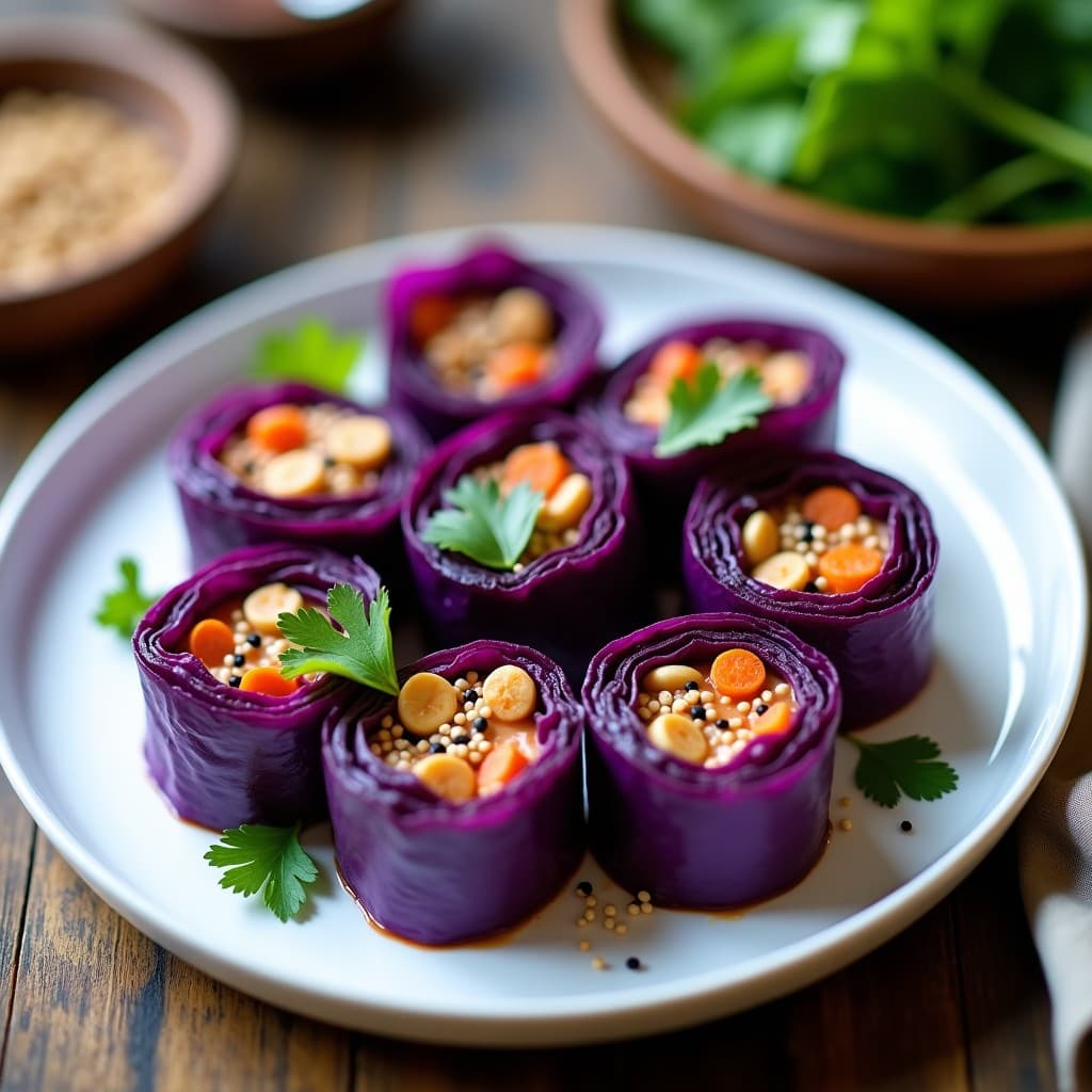 Rollitos de Repollo Morado con Filling de Cacahuete y Zanahoria: Aperitivo Crudivegano