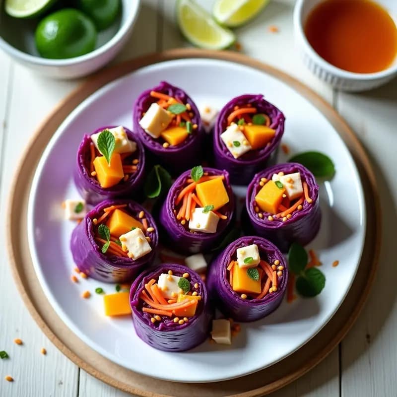 Rollitos de Repollo Morado con Relleno de Mango y Cangrejo: Entrante Tailandés Dulce-Salado en 15 Minutos