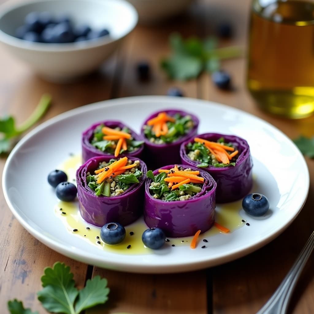 Rollitos de Repollo Morado con Relleno de Ptole y Arándanos: Aperitivo Crudivegano y Detox