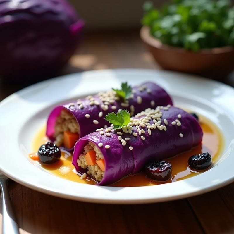 Rollitos de Repollo Morado con Relleno de Quinoa y Ciruelas: Receta Vegana al Vapor