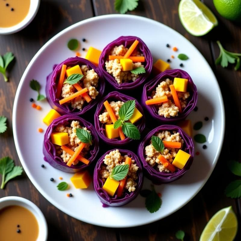 Rollitos de Repollo Morado con Relleno de Tempeh y Mango: Receta Indonesa Crudivegana