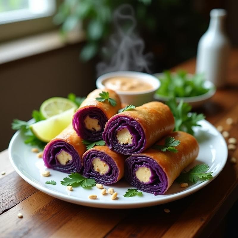 Rollitos de Repollo Morado con Relleno de Tofu Sedoso y Cacahuete: Receta Tailandesa en Airfryer