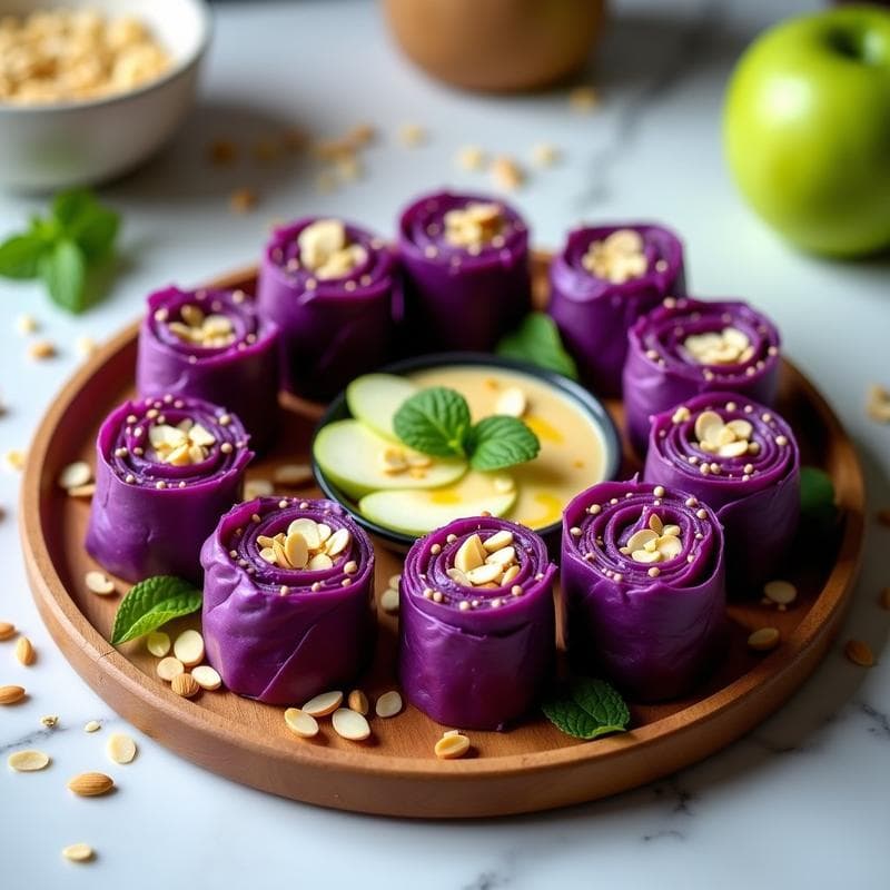 Rollitos de Repollo Morado con Relleno de Tofu y Manzana Verde: Aperitivo Vegano Sin Cocción