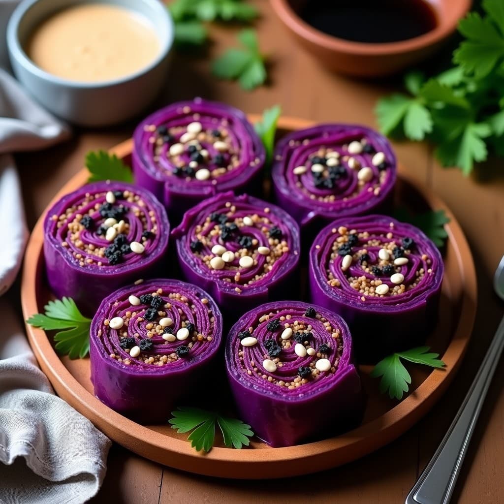 Rollitos de Repollo Morado Rellenos de Quinoa y Champiñones: Receta Crudivegana con Toque Umami