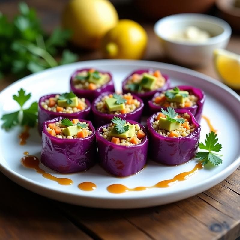Rollitos de Repollo Morado con Relleno de Quinoa y Zanahoria: Entrante Vegano Crudivegano