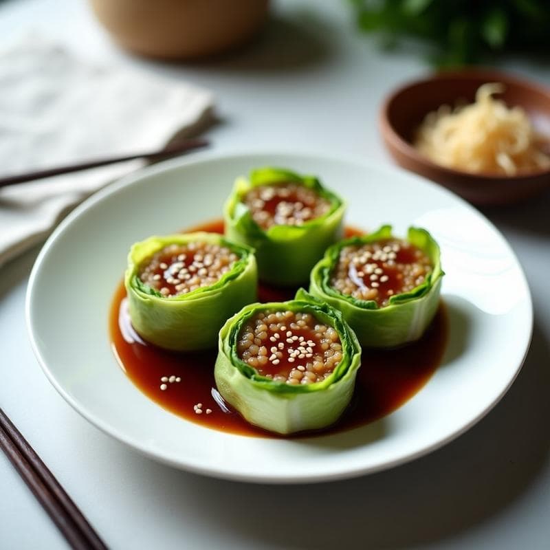 Rollitos de Repollo con Carne de Soja y Arroz Salvaje: Receta Vegana al Vapor con Salsa Teriyaki