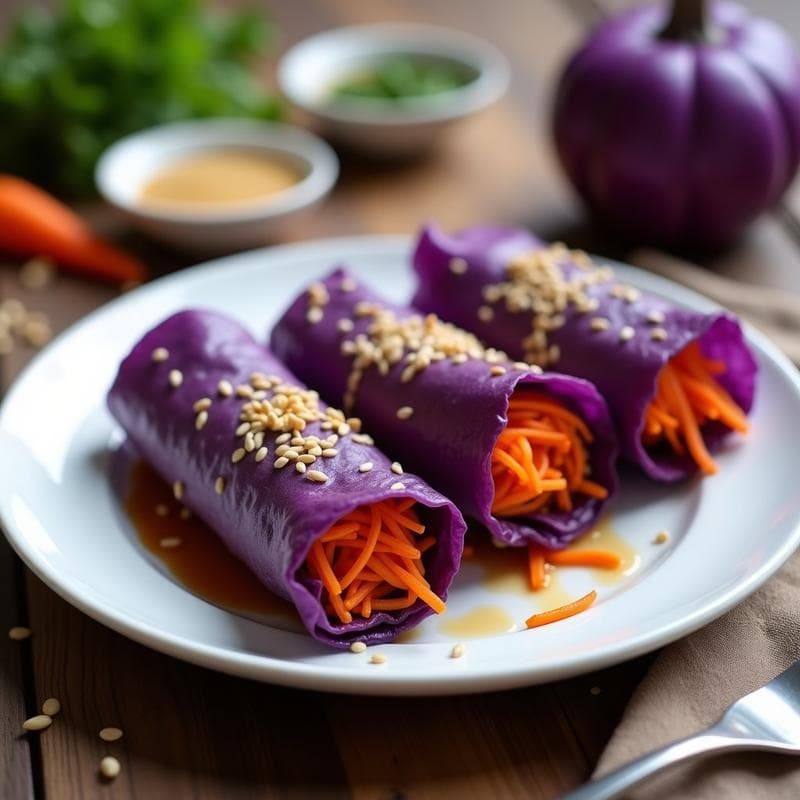 Rollitos de Primavera de Repollo Morado con Relleno de Zanahoria y Jicama: Receta Vegana Sin Cocción