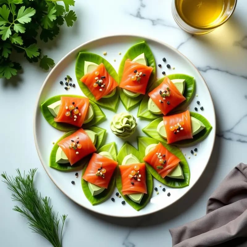 Rollitos de Salmón Ahumado y aguacate con Crema de Wasabi y Eneldo en Cucharitas de Endibia