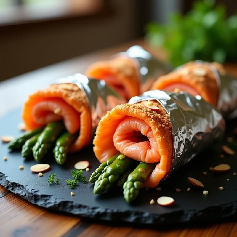 Rollitos de Estaño de Salmón y Espárragos con Crujiente de Almendras: Receta Keto en Airfryer