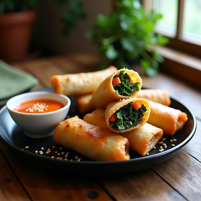 Rollitos de Spring Roll Veganos con Relleno de Col Rizada y Salsa Sriracha: Receta en Airfryer