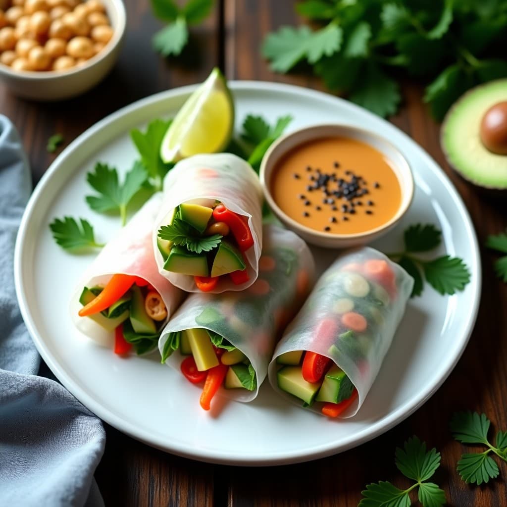 Rollitos de Verduras con Salsa de Cacahuete y Limón: Receta Tailandesa Vegana Sin Cocinar