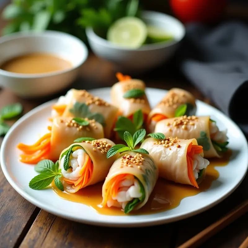 Rollitos de Vietnam con Gambas y Vermicelli: Entrante Crujiente con Salsa de Cacahuete y Lima