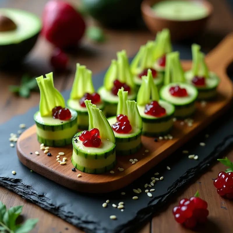 Rollitos de Zucchini con Crema de Aguacate y Caviar de Remolacha: Aperitivo Crudivegano y Gourmet