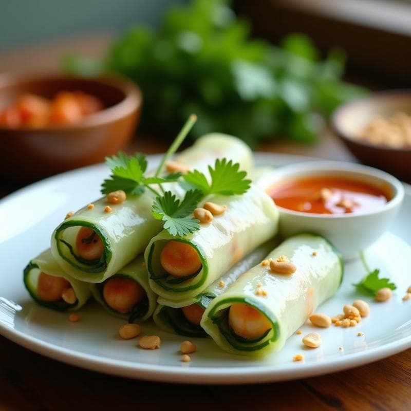 Rollitos de Primavera de Zucchini y Gambas con Salsa de Tamarindo: Receta Vegana al Vapor