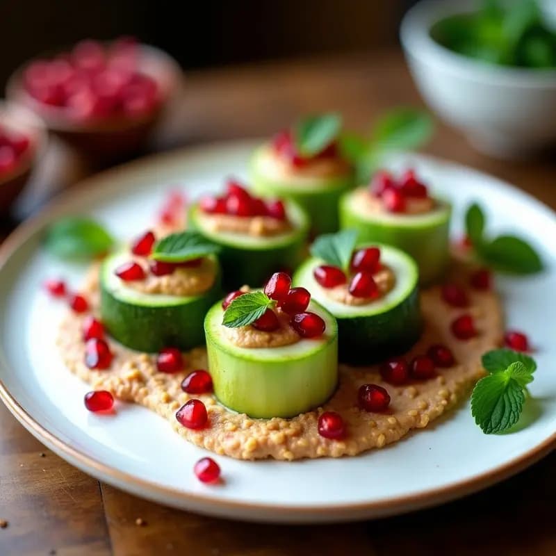 Rollitos de Zucchini con Hummus de Lentejas Rojas y Semillas de Granado: Entrante Libanés Crudo