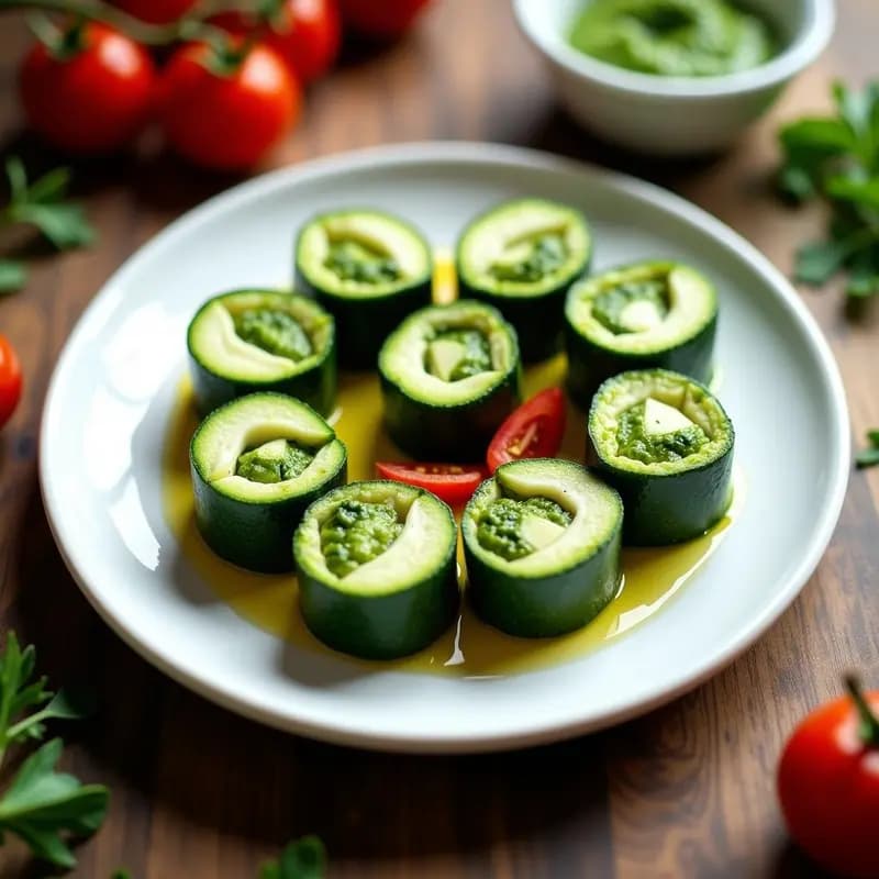 Rollitos de Zucchini con Relleno de Queso de Anacardos y Pesto de Rúcula: Entrante Italiano Crudivegano
