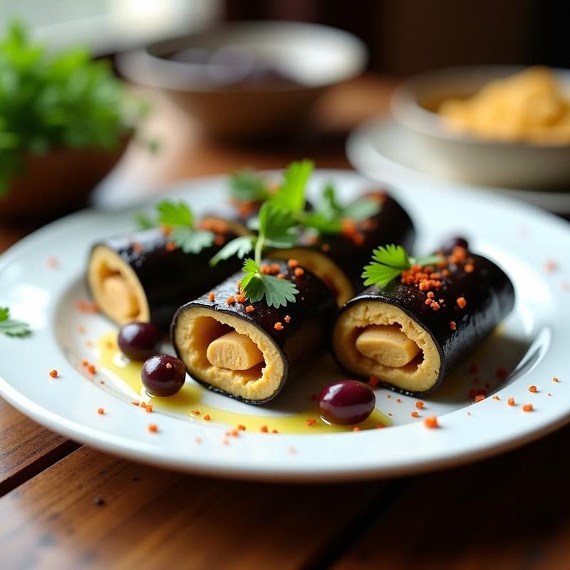 Rollos de Berenjena con Relleno de Hummus y Aceitunas Kalamata: Entrante Vegano Sin Horno