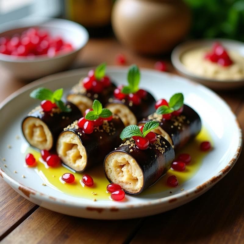 Rollos de Berenjena con Hummus y Granada: Aperitivo Árabe Sin Gluten
