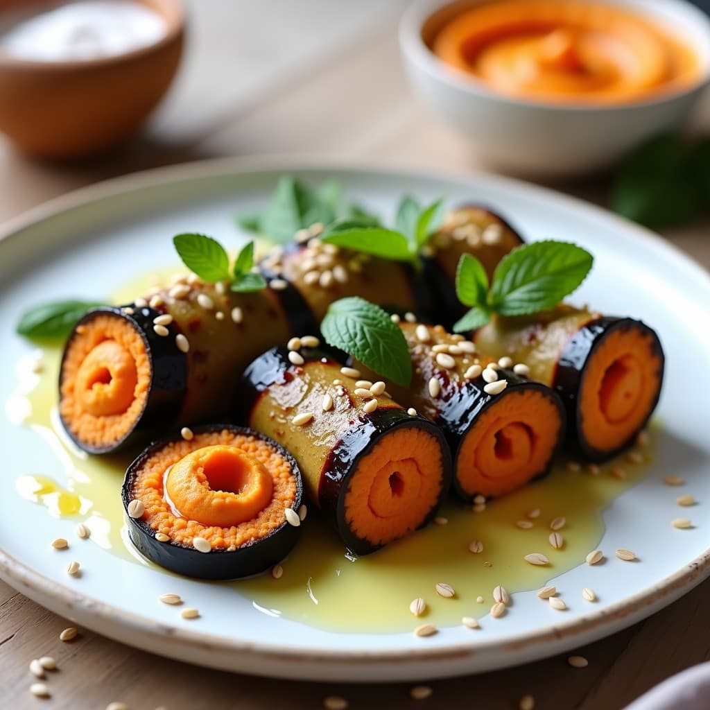 Rollos de Berenjena Asada con Hummus de Zanahoria: Entrante Vegano con Proteína Completa
