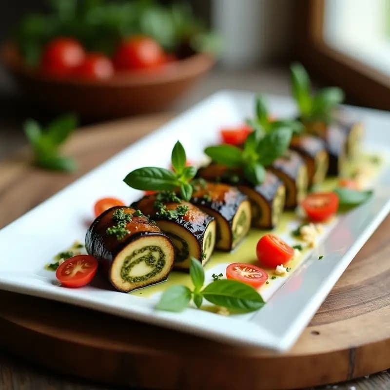 Rollos de Berenjena Asada con Pesto de Escarola y Queso de Anacardos: Entrante Italiano Crudivegano