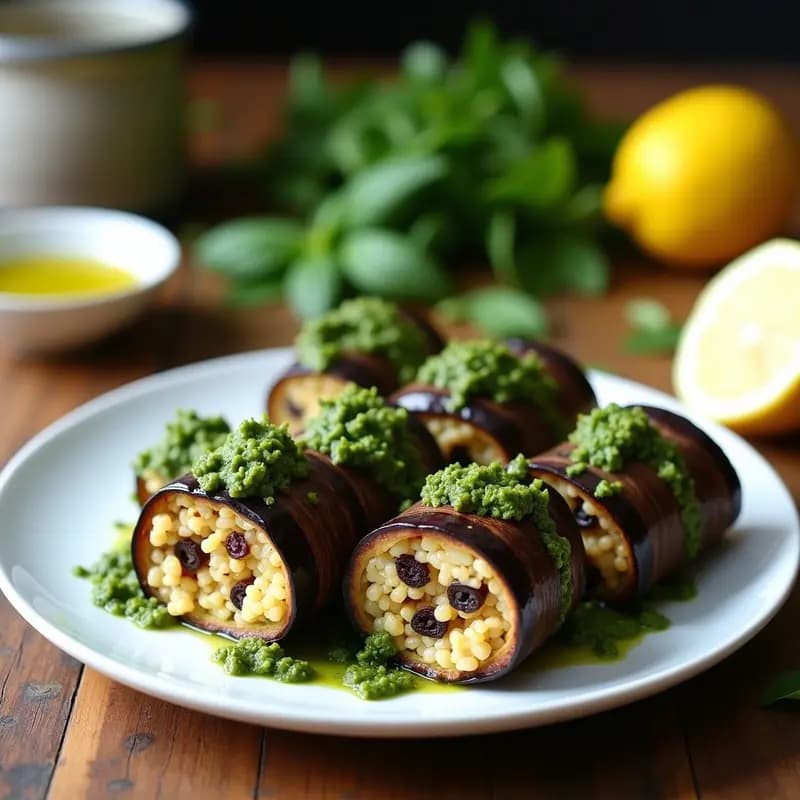 Rollos de Berenjena Rellenos de Quinoa y Pesto de Rúcula: Receta Mediterránea Sin Horno