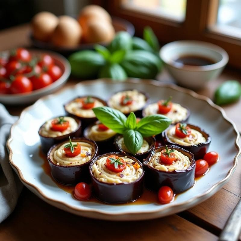 Rollos de Berenjena con Ricotta Vegana y Tomates Secos: Entrante Italiano Sin Lácteos